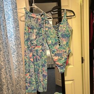 Lilly Pulitzer isle lattice swimsuit with matching Shay cover up.